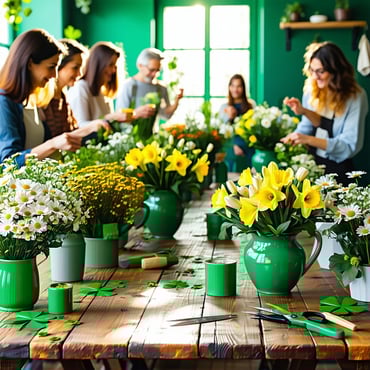 The image depicts a vibrant floral workshop scene, bathed in warm afternoon light