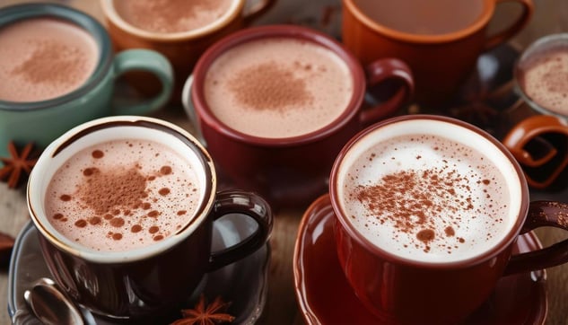 different cups of hot cocoa