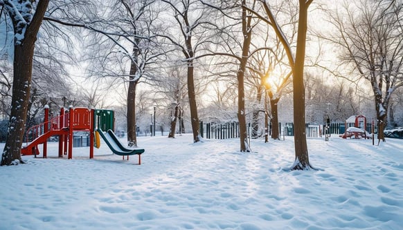 outdoors winter playground, with trees, snow, during the day