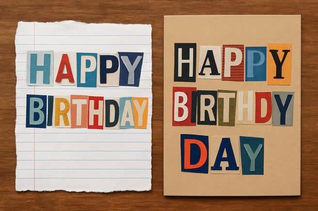 photographic homemade birthday cards using magazines and notebook paper make the cards look like they were collaged together not just using different